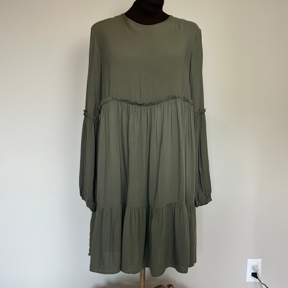 Apricot Khaki Green Herringbone Smock Mini Dress Long Sleeve 655171 NEW S
